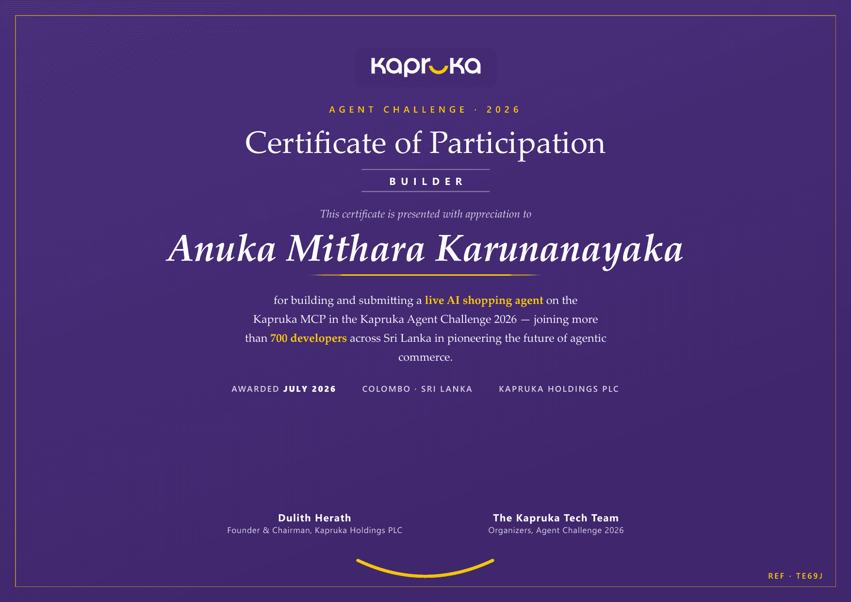 Certificate of Participation - Builder from Kapruka Holdings PLC